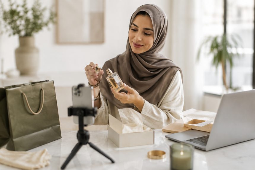 صانعة محتوى تصوّر منتج عطر